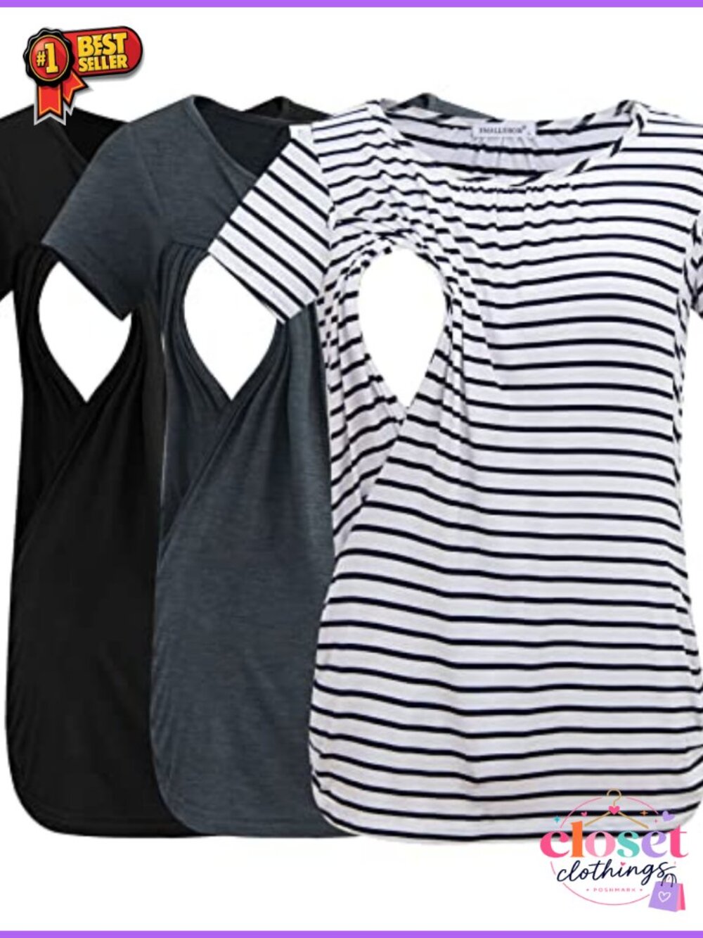 Nursing Tops Ruched Short Sleeve Breastfeeding Shirts 3-Pack